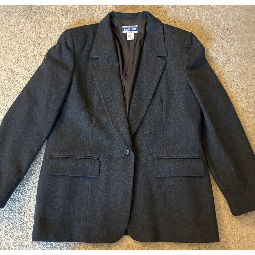 Pendleton Womens Suit Jacket Blazer Gray 100% Wool Heathered Faux Pockets USA